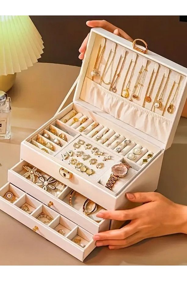 Premium Mücevher Kutusu, Takı Kutusu,  3 katmanlı, beyaz renk - 4