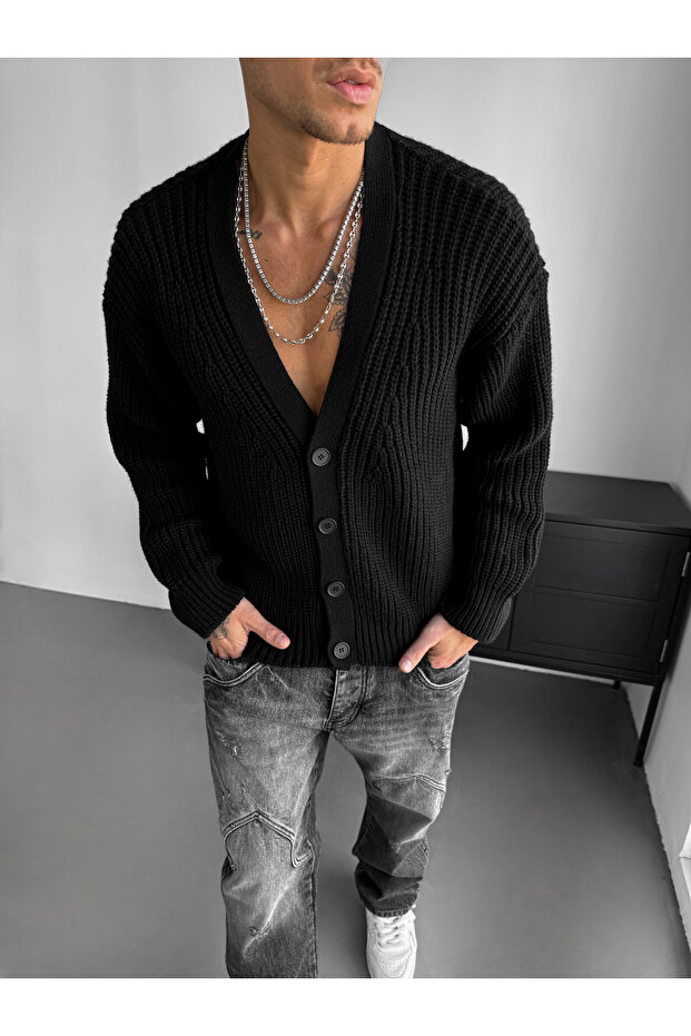Cotton Patterned Knitwear Cardigan - Comfortable Flowy Cardigan with Shawl Collar and Button Detail