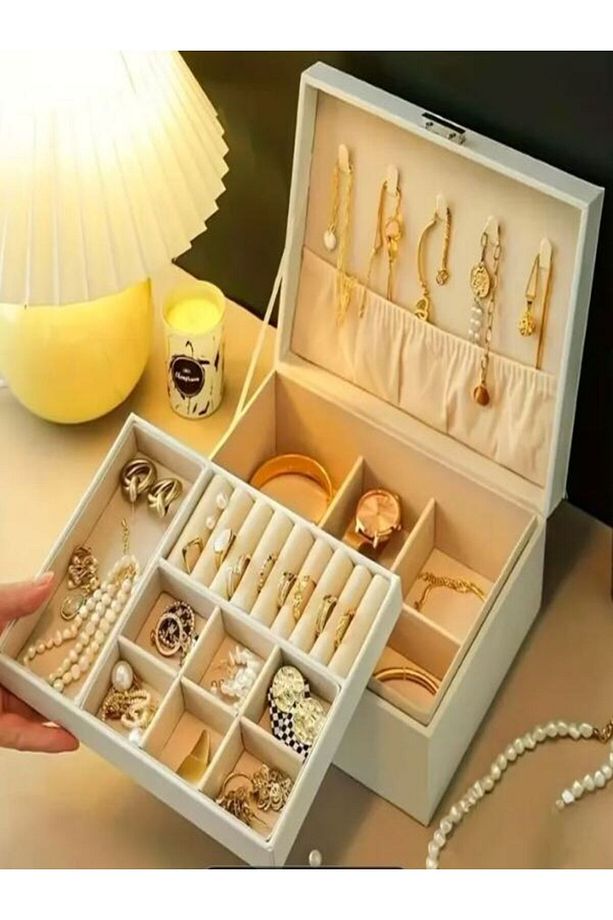 Premium Mücevher Kutusu, Takı Kutusu,  3 katmanlı, beyaz renk - 1