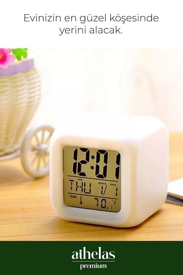 Renk Değiştiren Dijital Masa Saati Termometreli Takvimli Alarmlı 7 Renkli LED Küp Saat - 5