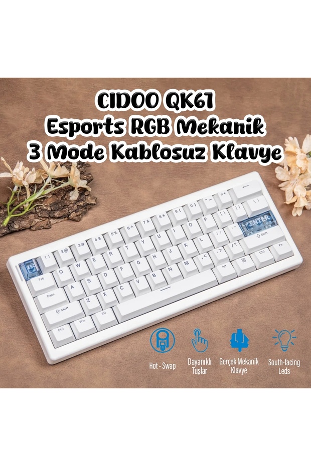 QK61 Programlanabilir Esports RGB Mekanik 3 Mode Kablosuz Klavye (BEYAZ) - 1