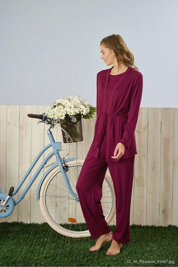 Dublin Kumaş Sabahlıklı Mürdüm Pijama Takımı-5325 - 3