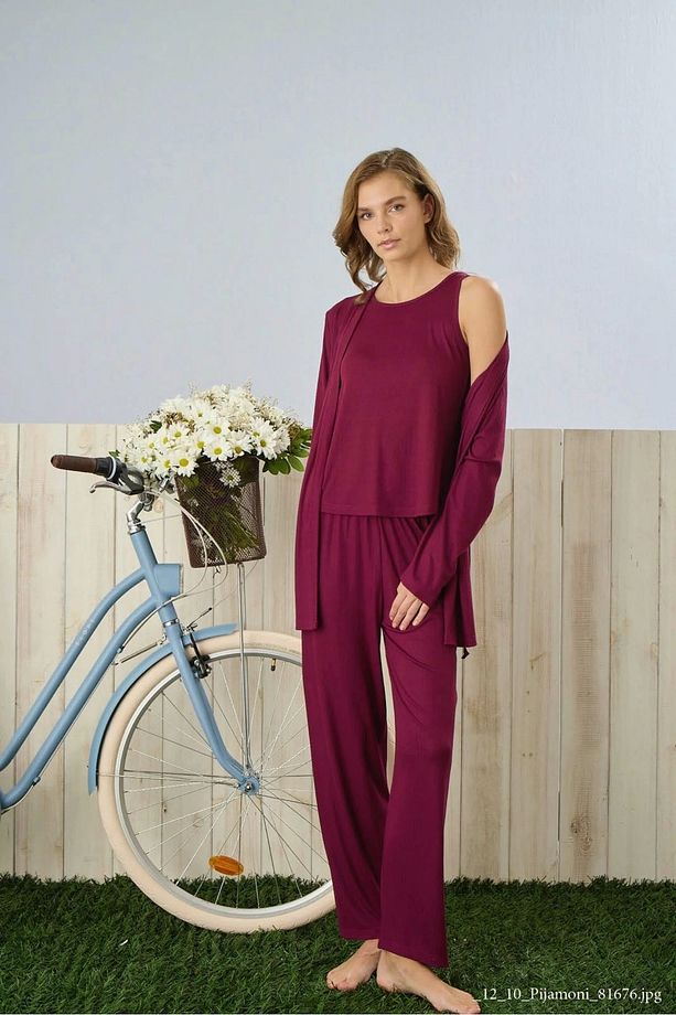 Dublin Kumaş Sabahlıklı Mürdüm Pijama Takımı-5325 - 1