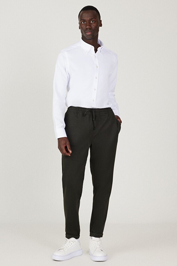 Men's Khaki Standard Fit Regular Cut Comfortable Flannel Pocket Tie Waist Knitted Stretch Trousers