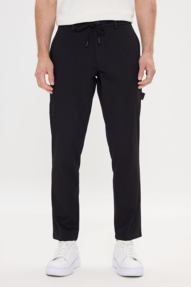 Erkek Siyah Oversize Bol Kesim Beli Bağlamalı Pamuklu Esnek Armürlü Yan Cepli Pantolon - 3