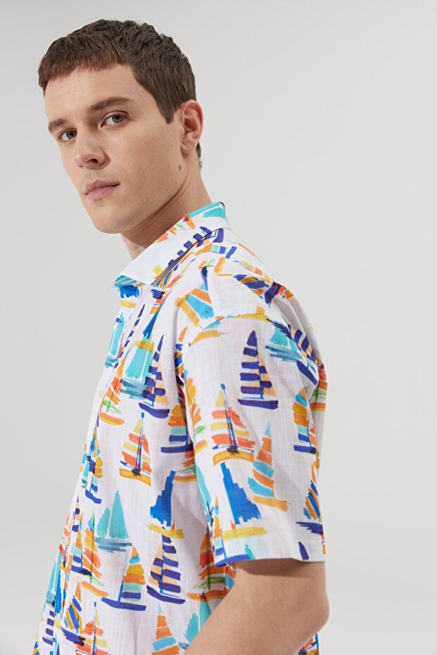 Erkek Beyaz Renklı Oversize Bol Kesim Küçük Italyan Yaka %100 Pamuk Baskılı - 7