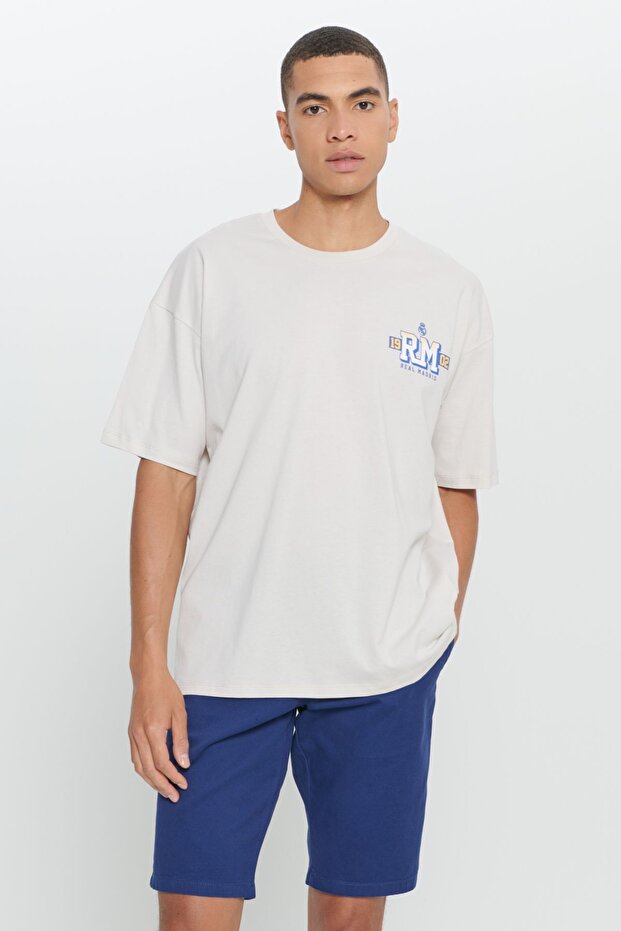 Erkek Açık Bej Real Madrid Lisanslı Oversize Fit Bol Kesim %100 Pamuk Bisiklet Yaka Tişört - 4