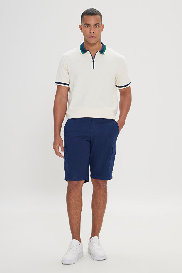 Erkek Lacivert Slim Fit Dar Kesim Pamuklu Esnek Yan Cepli Şort - 3