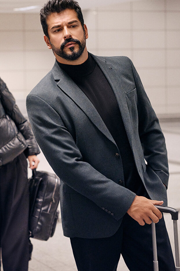 Erkek Yeşil Slim Fit Dar Kesim Mono Yaka Desenli Yünlü Blazer Ceket - 3