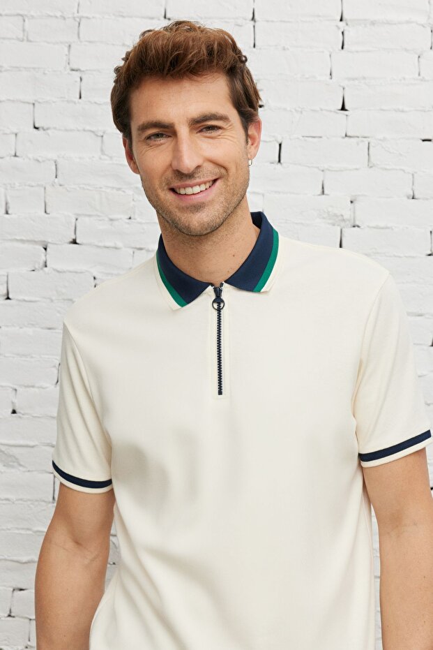 Erkek Ekru Lacı Regular Fit Rahat Kesim Polo Yaka %100 Pamuk Tişört - 6