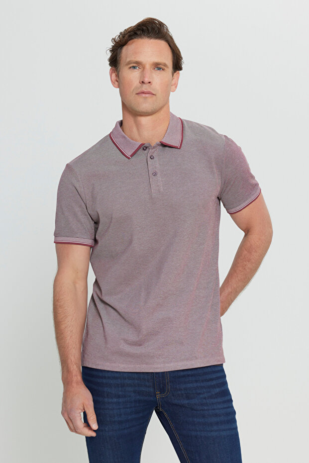 Erkek Çekmeyen Pamuklu Kumaş Slim Fit Dar Kesim Bordo Kıvrılmaz Polo Yaka T-shirt - 5