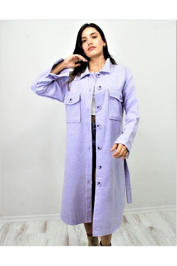 Kadın Kaşe Kemerli Çift Cep Düğmeli Uzun Oversize Oduncu Gömlek Tunik Elbise 3280308 - 6