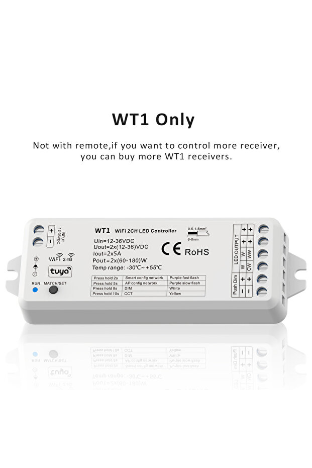 مفتاح تعتيم شريط LED CCT من Tuya WT1 Dimmer Only 12V DC لاسلكي 2.4G RF WW CW Controller يعمل مع