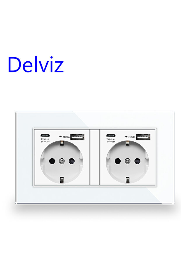 مقبس شحن سريع USB من نوع Delviz Type C 110-250 فولت أبيض، لوحة زجاجية بلورية، شحن سريع قياسي في الاتحاد الأوروبي