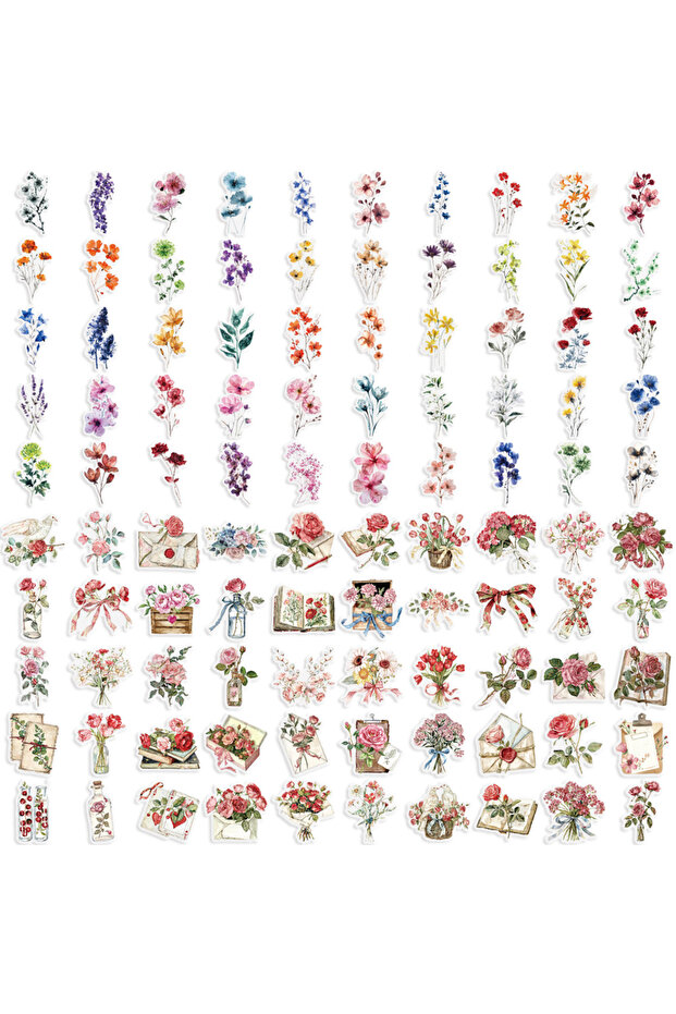MULTI 100 PCS Ink Flower Stickers Pack Waterproof Transparent PET Booklet Flower Material Decorativ