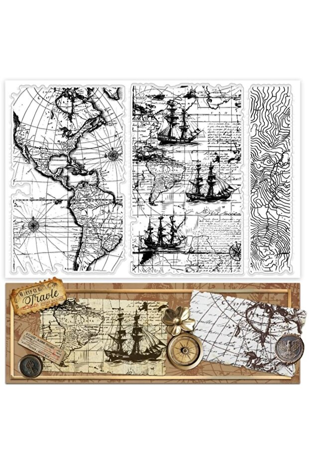 AECH-21766 1pc Map Clear Stamp Vintage Global Map Silicone Stamp Sailboat Clear Stamps Transparent