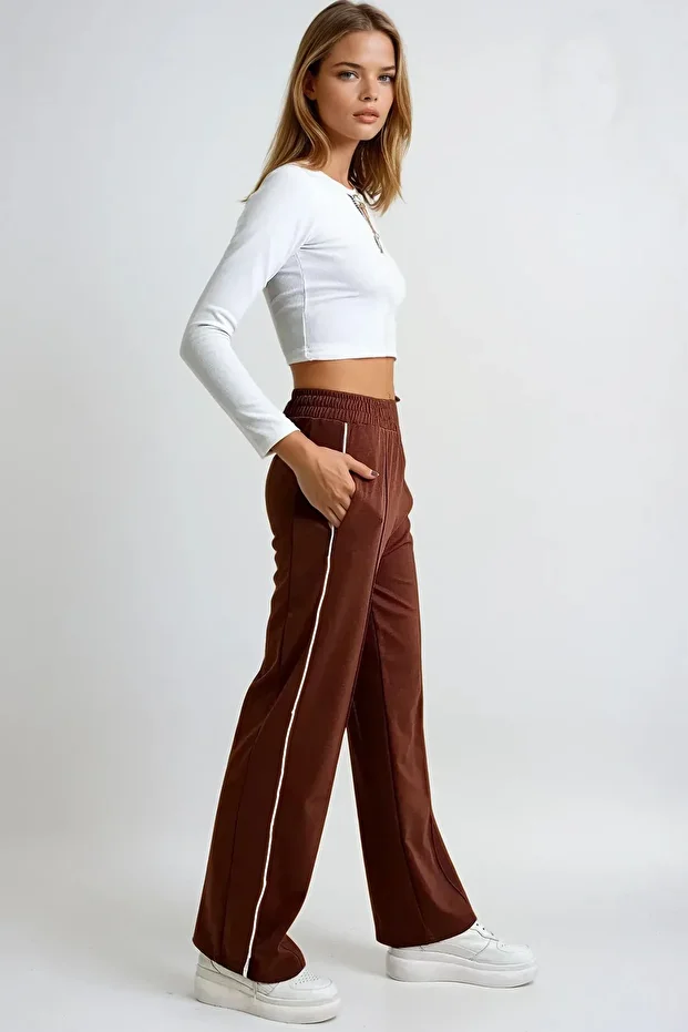 Kadın Kiremit Yan Şeritli Önü Çimalı Çift Cepli Retro Pantolon - 2