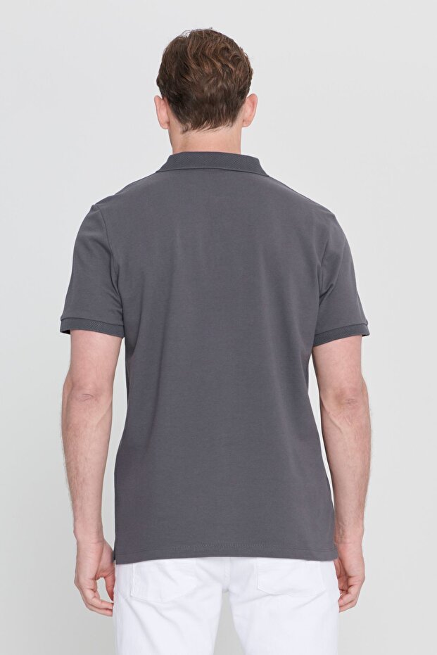 Erkek Antrasit %100 Pamuk Kıvrılmaz Pike Polo Yaka Slim Fit Dar Kesim Tişört - 6
