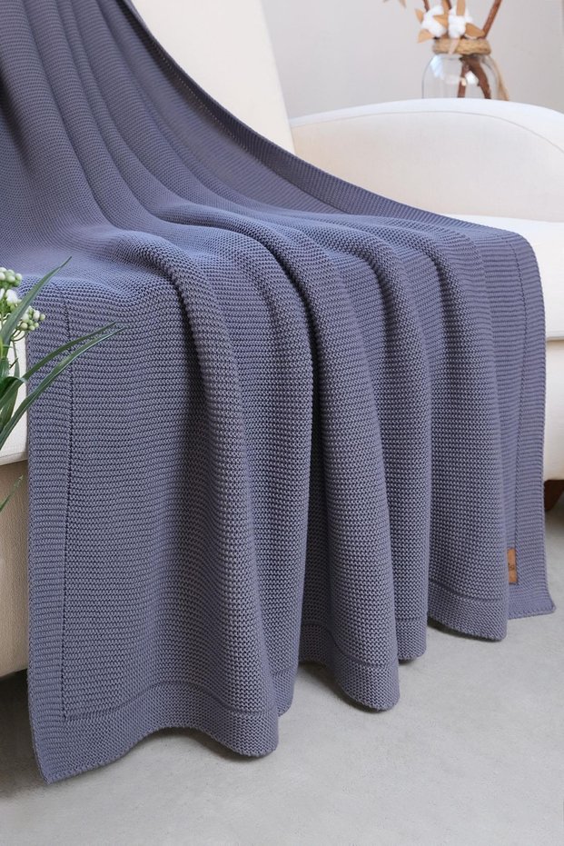 Alina Organic Cotton Large Size Knitwear Knit Seat Shawl, TV Blanket, Bedspread Blue - 140x180
