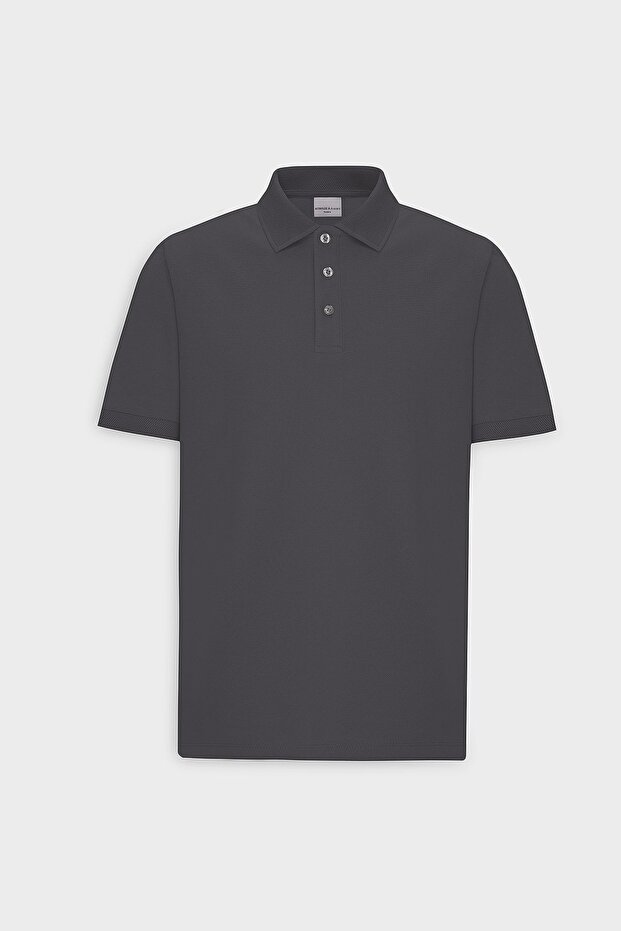 Erkek Antrasit %100 Pamuk Kıvrılmaz Pike Polo Yaka Slim Fit Dar Kesim Tişört - 7