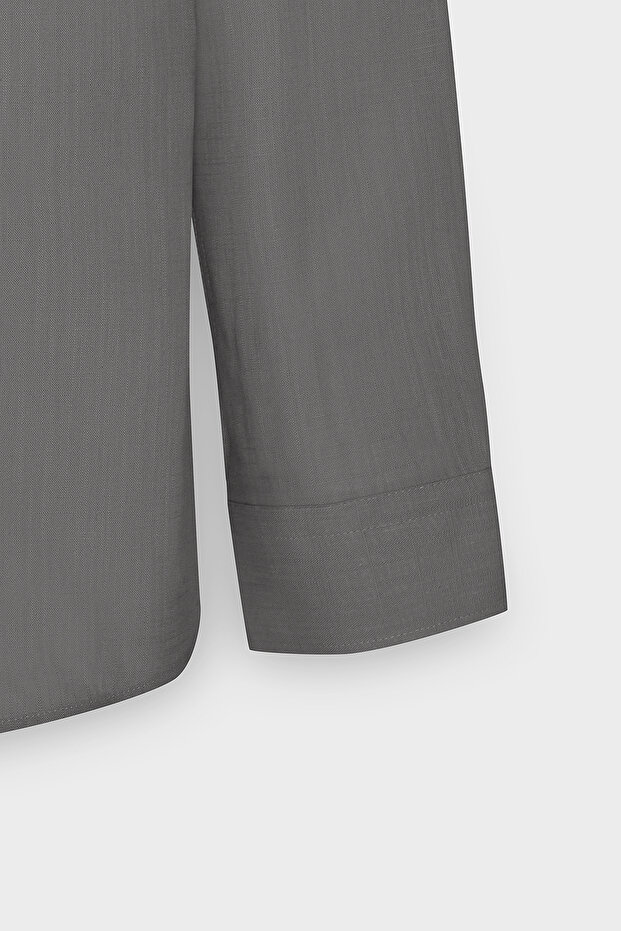 Erkek Antrasit Keten Görünümlü %100 Pamuk Nefes Alabilen Kumaş Flamlı Slim Fit Düğmeli Yaka Gömlek - 8