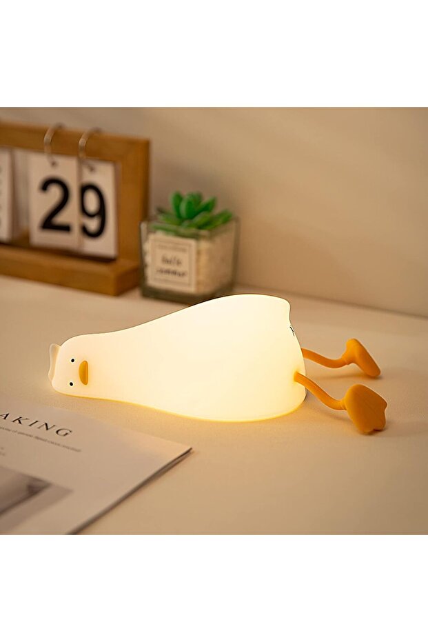 LED Lying Flat Duck Night Light - 3-Level Dimmable Rechargeable Silicone Touch Lamp