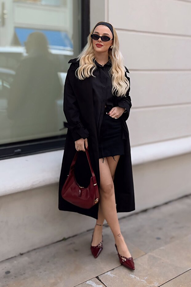 Kadın Geniş Yakalı Basic Trençkot Siyah - 6