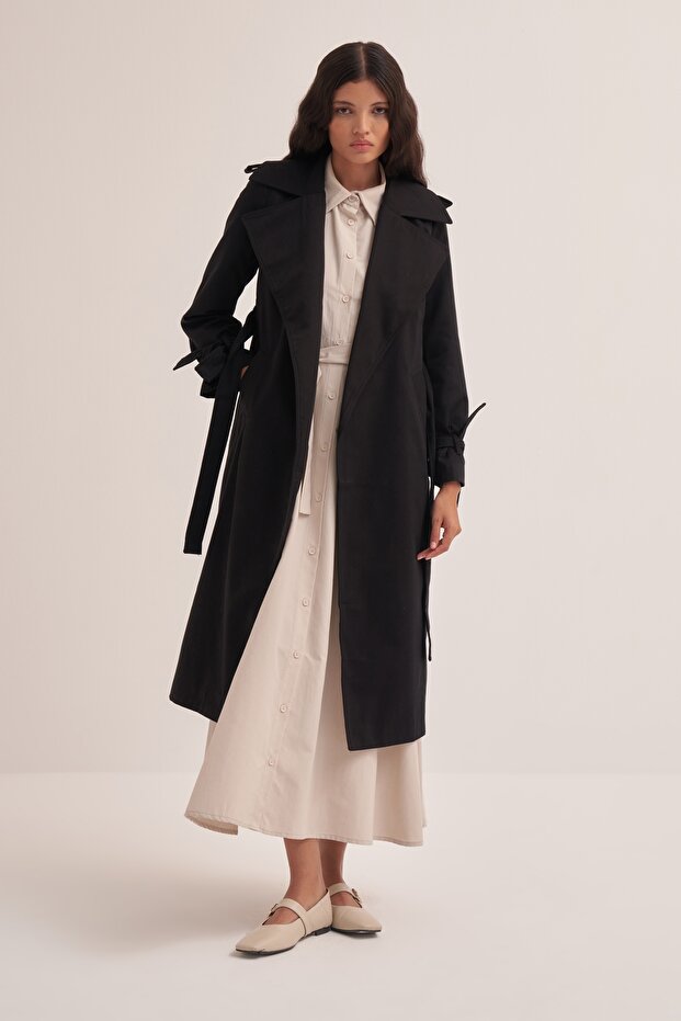 Kadın Geniş Yakalı Basic Trençkot Siyah - 1