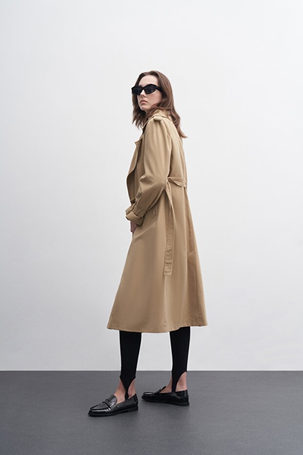 Kadın Geniş Yakalı Basic Trençkot Camel - 4