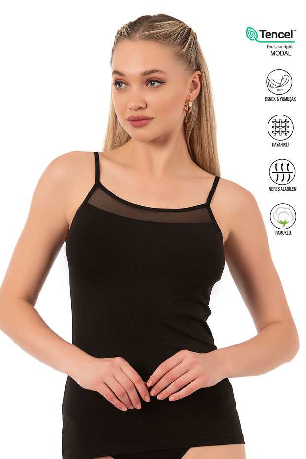 Özkan 26819 Women's Cotton Modal Tulle Detailed Thin Strap Undershirt