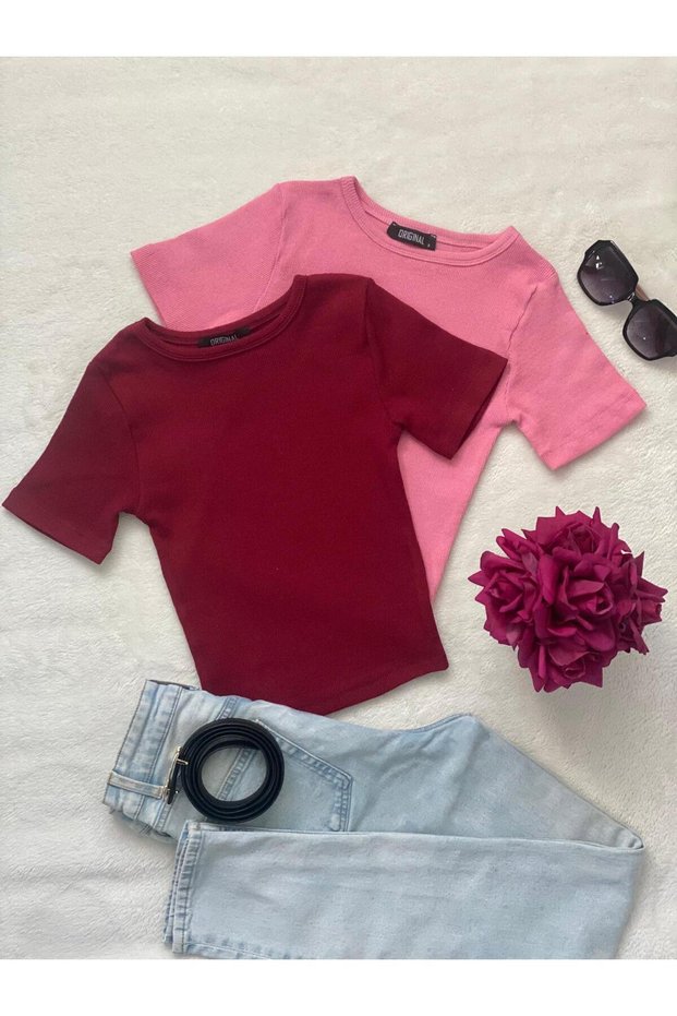 Women's 2-Piece Corded Cotton Crew Neck Knitted Camisole Crop T-Shirt