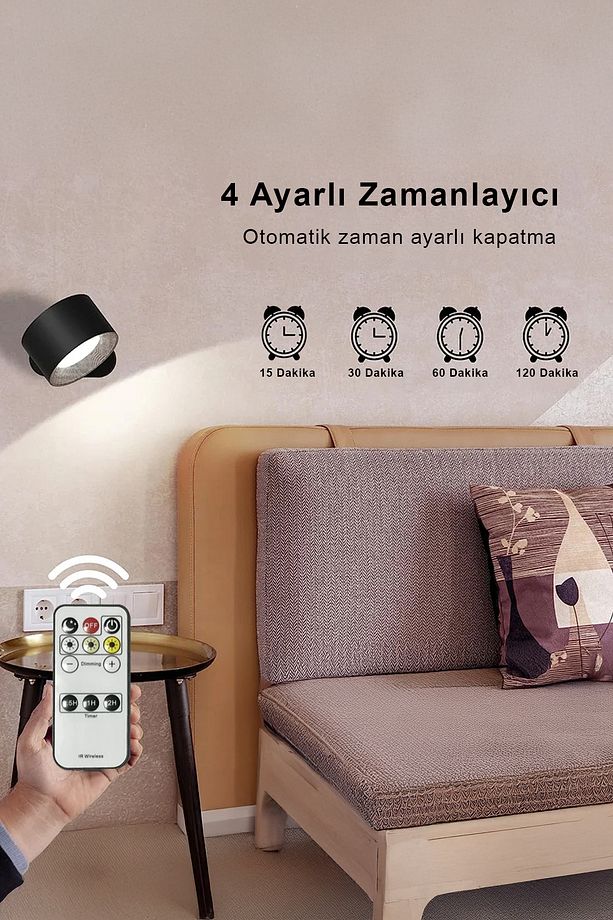 Duvar Aplik Aydınlatma - 360° Dönebilen Şarjlı - 3 Işık Modlu - Kumandalı Taşınabilir Aplik Lamba - 4