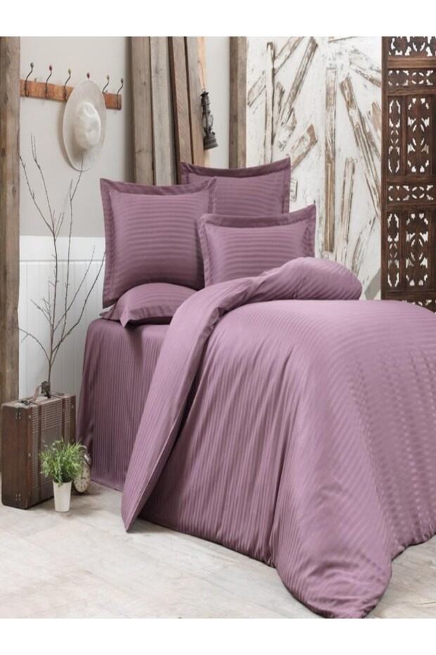 Striped Cotton Satin Dusty Rose Hotel Series Single Duvet Cover Set with Elastic Sheets