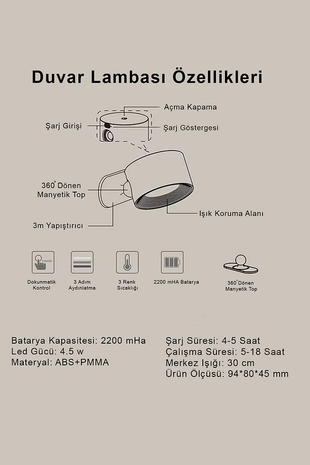 Duvar Aplik Aydınlatma - 360° Dönebilen Şarjlı - 3 Işık Modlu - Kumandalı Taşınabilir Aplik Lamba - 6