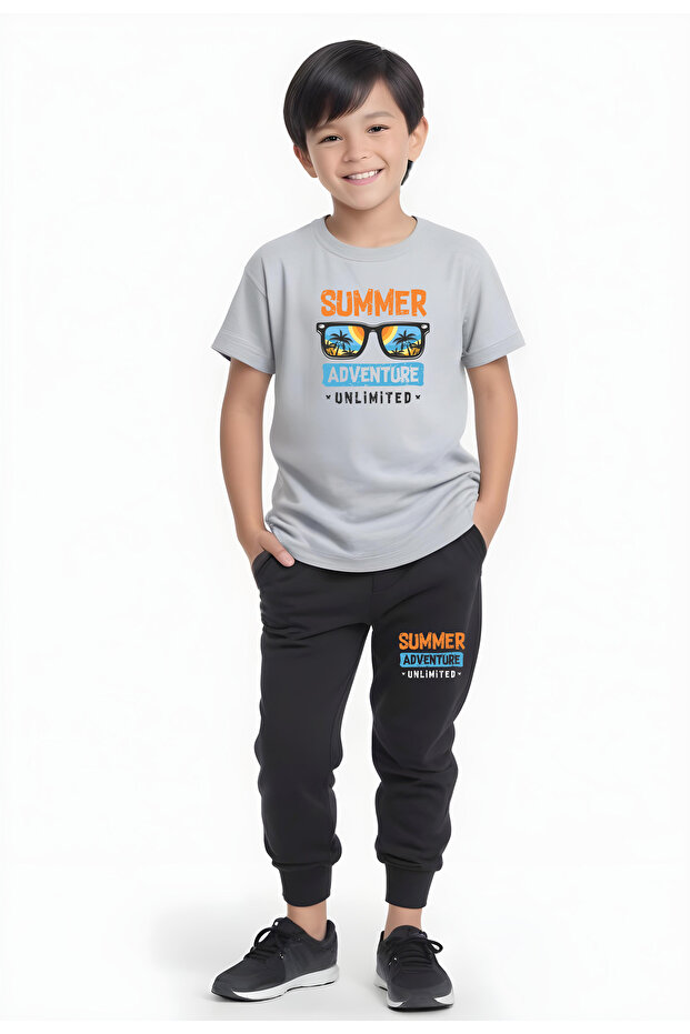 Summer Adventure Printed Boys' Short Sleeve Double Pocket Bottom-Top Suit