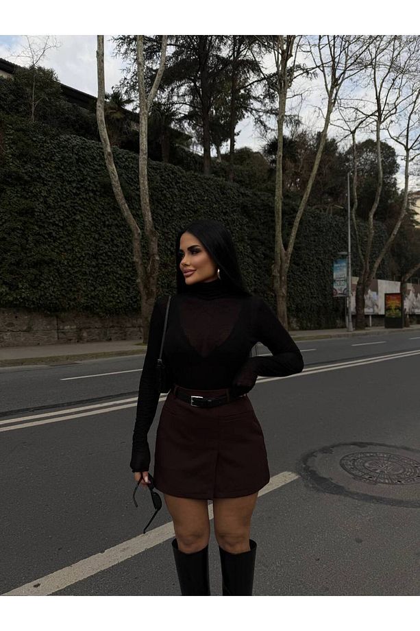 Kadın Acı Kahve Yüksek Bel Önü Cepli Kemerli Kısa Şort Etek - 2