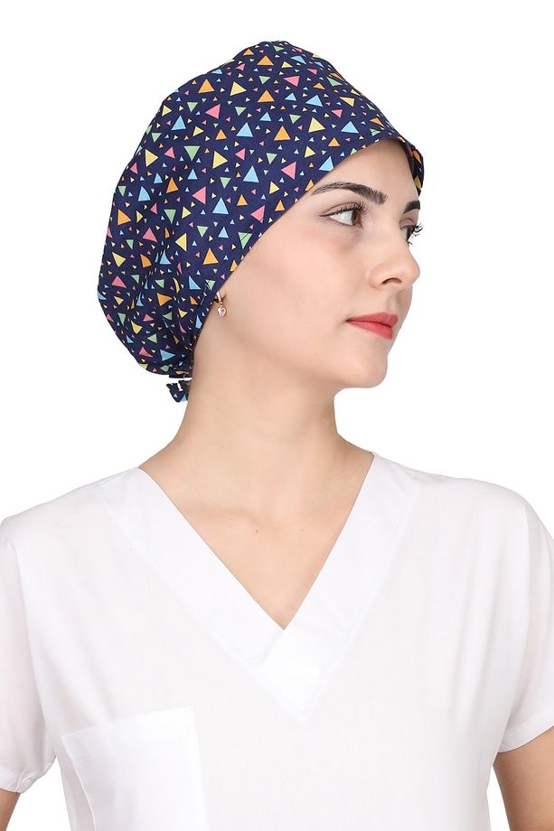 Mavi Üçgen Desenli Doktor Hemşire Aşçı Bonesi Unisex Cerrahi Bone - 1