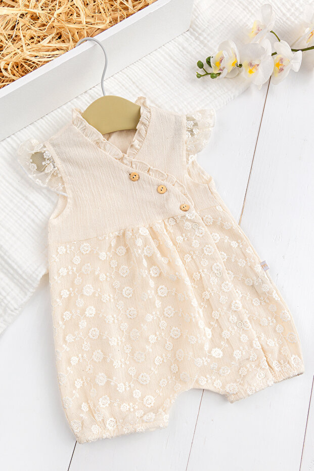 100% cotton tulle ruffled summer baby girl muslin romper - cream