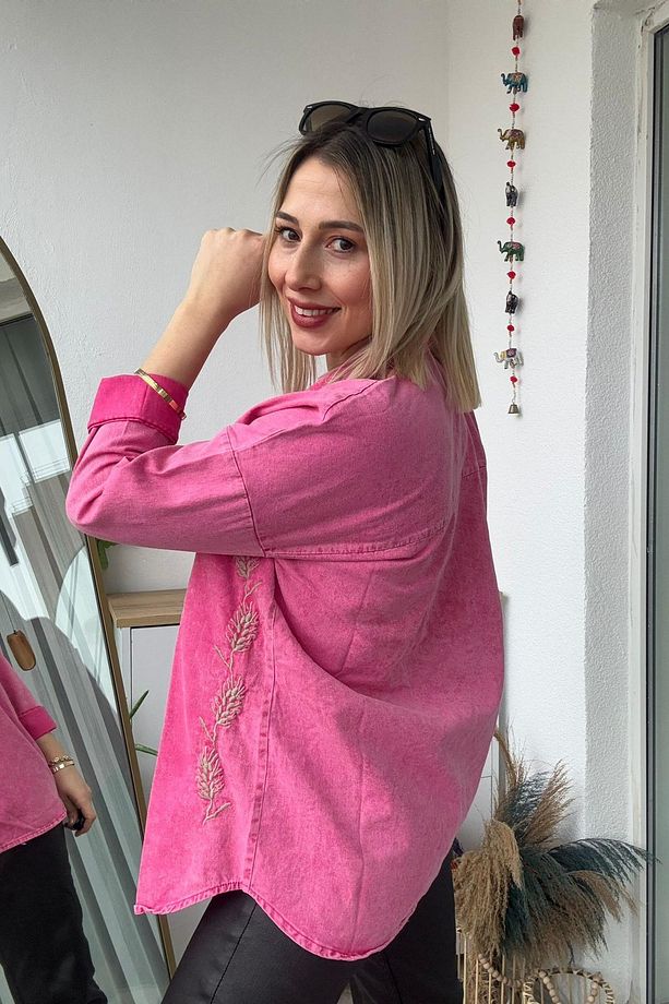 Oversize Başak Nakış Desen Fuşya Gabardin Gömlek - 2