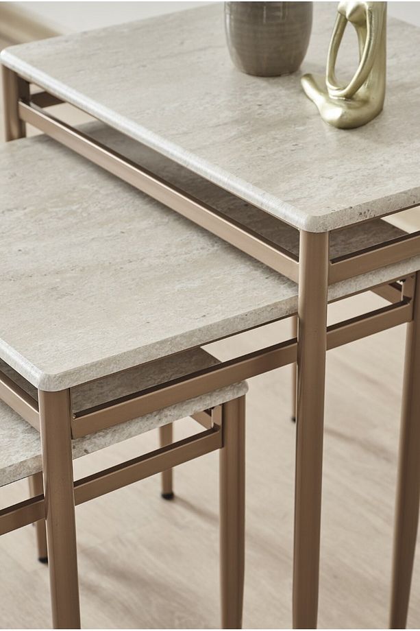Damrin Serisi Traverten Desen 1. Sınıf Mebran MDF 3’lü Zigon Sehpa Takımı Bronz Ayak - 3