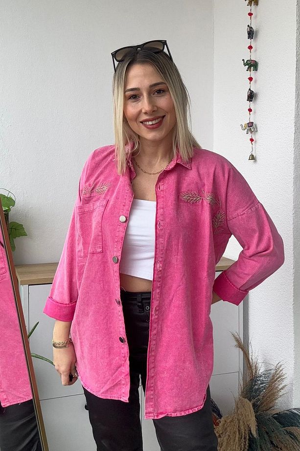 Oversize Başak Nakış Desen Fuşya Gabardin Gömlek - 1
