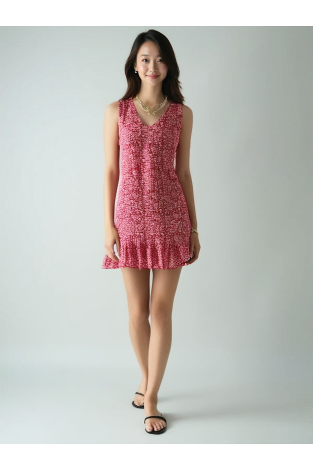 Women's Red Crispy Print Ruffled Hem Ruffle Sleeve Dress