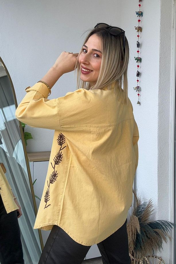 Oversize Başak Nakış Desen Sarı Gabardin Gömlek - 2