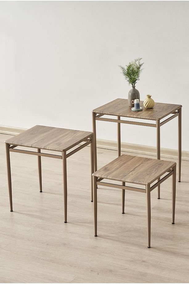 Damrin Serisi Ceviz Desen 1. Sınıf Mebran MDF 3’lü Zigon Sehpa Takımı Bronz Ayak - 6