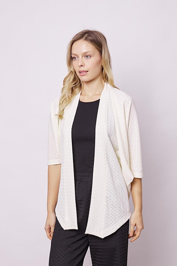 Women's Lycra Perforated 1St Class Fabric Lace Bat Loose Relaxed Fit Stylish Cardigan-Cream