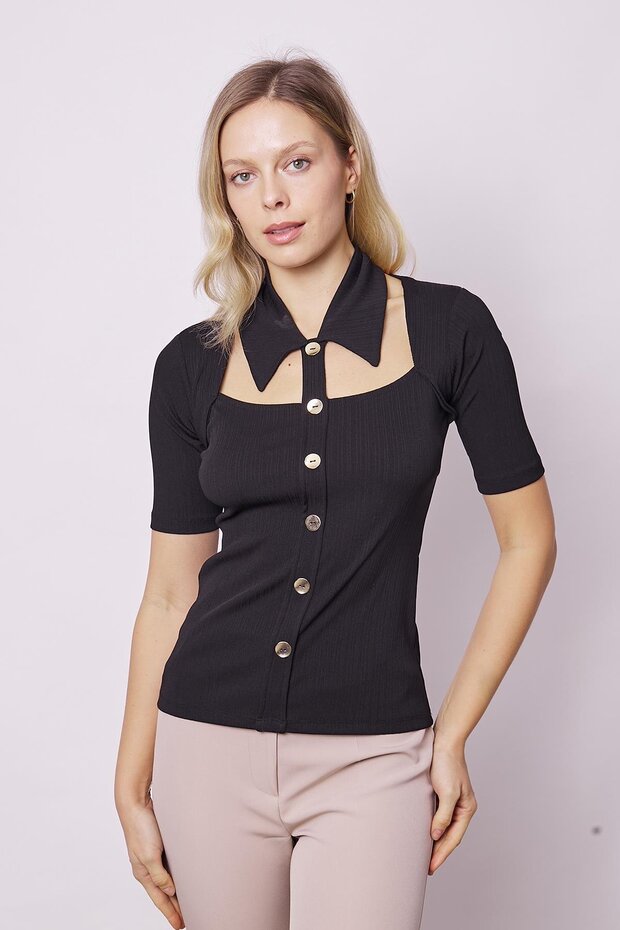 Black Lycra Short Sleeve Bodysuit - Metal Button Detail