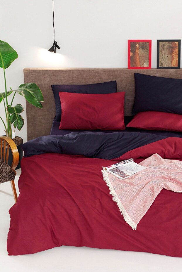 Double Claret Red Navy Blue Duvet Cover Set - Reversible Stk