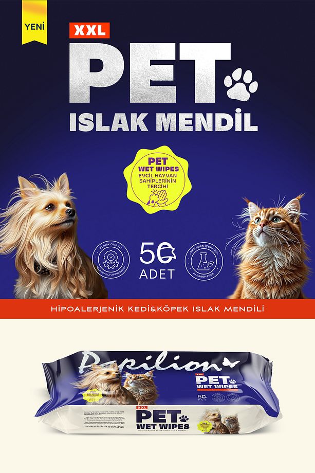 Evcil Hayvan Islak Havlusu XXL 50 Adet Kedi ve Köpek İçin Tüy Ve Pati Temizleme - 2