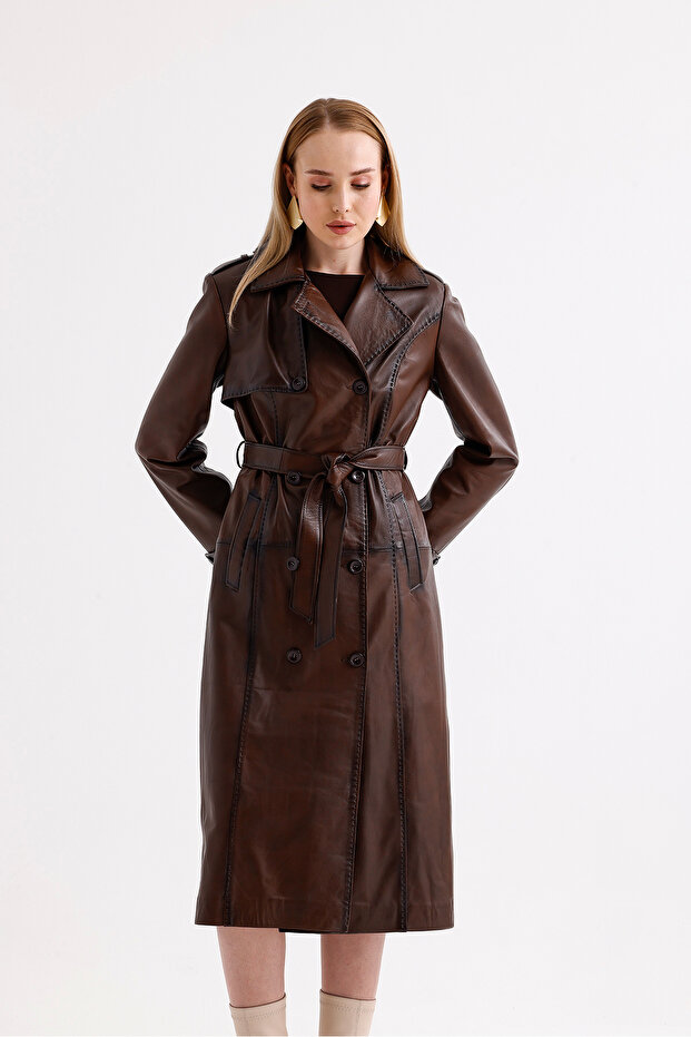 Brown Short Breasted Closure Long Leather Jacket