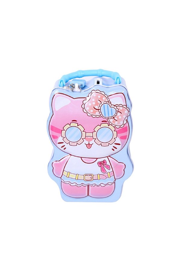 Cool Cat Metal Piggy Bank with Bag and Lock, Blue, 16X12-